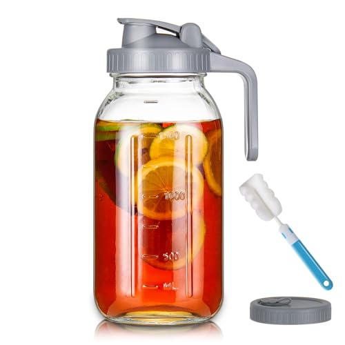 YEBODA 64oz Glass Pitcher with Lid, 2 Quart Mason Jar Pitcher with Pour Spout Lids, Wide Mouth Jar Leakproof Glass Jug, Heavy Duty Container for Water, Juice, Milk, Tea, Iced Coffee, and Drinks -Grey