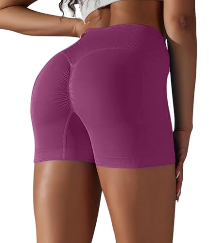 YOAKUKA Women Workout Shorts V Cross High Waist Yoga Shorts Sport Seamless Athletic Booty Scrunch Gym Shorts Wine Red — view 3