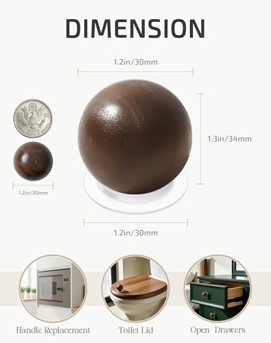 CcHhyyt Lot de 8 boutons de tiroir auto-adhésifs en bois de noyer, à décoller et à coller, sans perçage, boule ronde en bois pour placard, chambre d'enfant, commode – vue 6