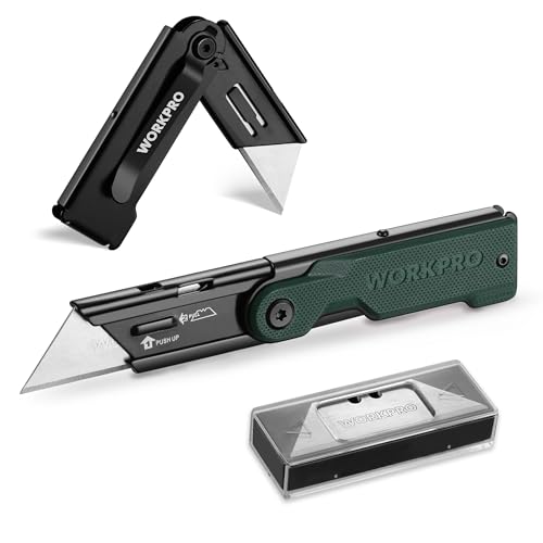 WORKPRO Folding Utility Knife with 10 Extra SK5 Blades, EDC Razor Sharp Knife with G10 Handle, Quick Change Box Cutter with Belt Clip, for Heavy Duty, DIY, Home, Office & Artcraft Use - Green