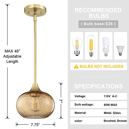 Seenming House 2 Pack 1 Light Hanging Indoor Gold Kitchen Island Pendant Lights 7.7" Black Seeded Gold Glass Pendant Ceiling Light Fixtures Brushed Bronze Finish Modern Farmhouse Dinning Over Sink #TOP3