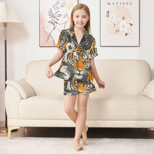 Satin Pajama Sets Short Sleeve Tiger Face with Leaves Button Down Silky Nightwear 2 Piece PJS 5-14Y3