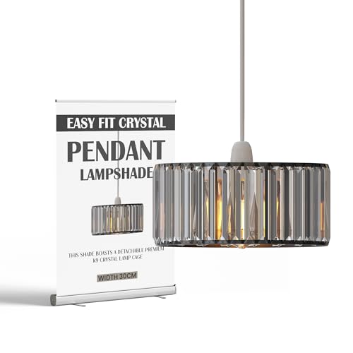 Image of Crystal Lamp Shade – 30cm Modern Easy Fit Light Shade Black Drum-Style Pendant or Table Lamp Shade with Clear Faceted Crystal Prisms, Modern Hanging Replacement Light for Living Room Bedroom Hallway