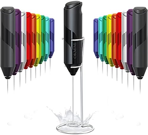 OKMIMI Milk Frother Handheld with Stand, Electric Whisk Drink Mixer for Lattes, Coffee, Cappuccino, Hot chocolate, Battery Operated(not included) Stainless Steel Mini Foamer Cool Kitchen Gadgets