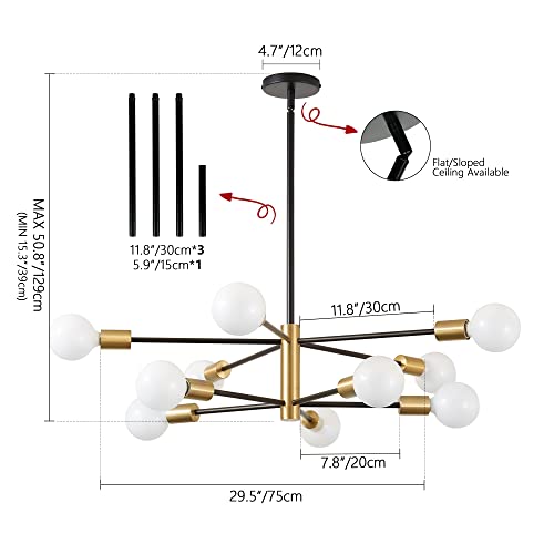 Kaisite Modern Sputnik Chandelier - 10-Light Black And Gold Chandelier Height Adjustable Mid Century Pendant Lighting Sputnik Ceiling Light Fixture For Kitchen Dining Room Living Room Bedroom #TOP1