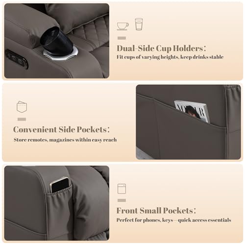 Image of Zero Wall Hugger Power Reclining Sofa with Adjustable Headrest, Electric Reclining Couch with Drop-Down Table,Outlets, Power Loveseat Recliner Sofa for Living Room (PU Brown, 3 Seat)