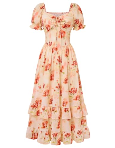 Image of Scarlet Darkness Women Floral Maxi Dress Puff Sleeve Tea Party Corset Dress | Pockets, Ruched Bust, Ruffled Hem, for Cottagecore Fairy Milkmaid Vacation