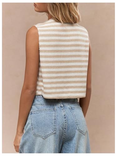 GORGLITTER Women's Striped Button Down Knitted Vest Crew Neck Sleeveless Cropped Sweater Vests2