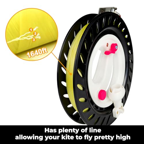 Flying Hoofer Kite Reel Winder for Adults & Kids - 9 Inch Dia, 1640FT High Strength String with Connector - Large Handle, Safety Lock, Kite Line Winder for Effortless Flying and Control. (Black)