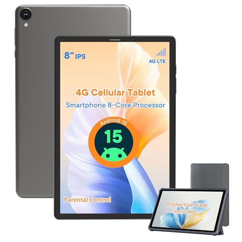 HAOVM Android 15 Tablet 8 Inch,4G SIM Unlocked Tablet, Octa-Core CPU 2.0GHz, 12 GB+64 GB, TF Expandable, IPS Display, 5G WiFi, 5MP+8MP Dual Cameras,5100mAh, GPS, Gray Case