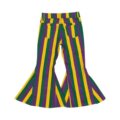 Todder Mardi Gras Western Yellow Green Purple Stripe Jeans Girl Jeans Ruffle Bell Bottom2
