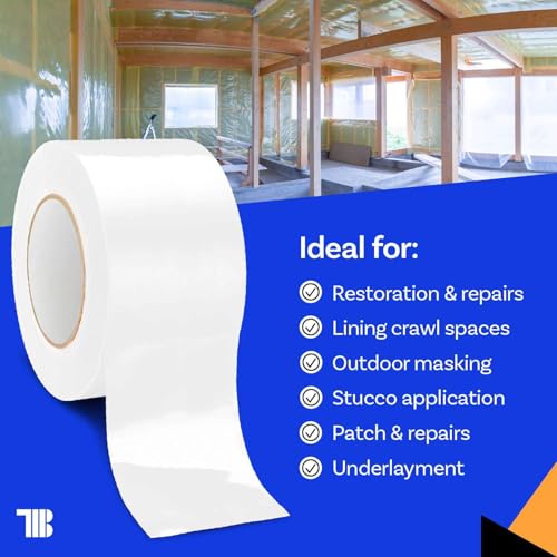 Image of Vapor Barrier Tape - 4 inch x 180' Roll, Made in USA, White Polyethylene Tape for Crawl Spaces & Moisture Barriers, Waterproof Seal & Seam Tape for Underlayment, Insulation, and Plastic Liners
