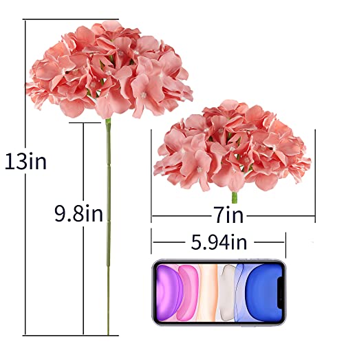 H.flolavida Coral Pink Hydrangea Silk Fake Flowers Heads With Stems, Artificial Flowers For Decoration Wedding Home Party Shop Baby Shower,Room Decor For Bedroom Aesthetic, Pack Of 10 #TOP3