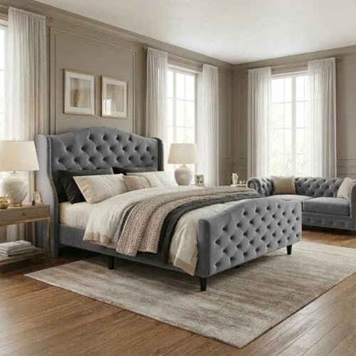 IDEALHOUSE Velvet Upholstered Queen Platform Bed Frame with Wingback Headboard & Footboard - Sturdy Wood Slat Support, No Box Spring Needed, 800 Lbs Weight Capacity, Modern Luxury Bed Frame, Grey