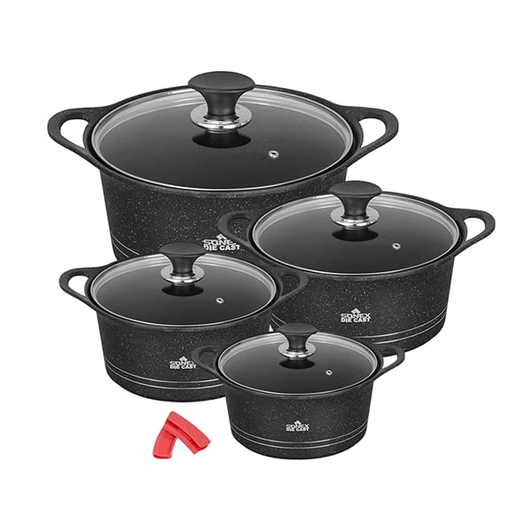 SONEX COOKWARESDiecast Eden King Non-Stick Set, 10-Piece, Glass Lids & Silicone Holders, 3L-13L, Advanced Korean Diecast Technology, Marble Non-Stick Coating, PFOA-Free (Black Marble)