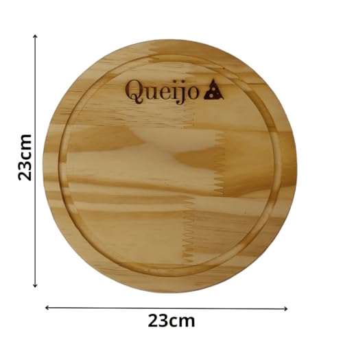 Kit Tabua Redonda de Queijo Frios Porções Gravação a Laser com 4 Espatulas Madeira Pinus Mesa Posta