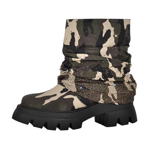 richealnini Women's Rhinestones Ankle Boots with Track Sole Mid Top Platform Heel Punk Boots2