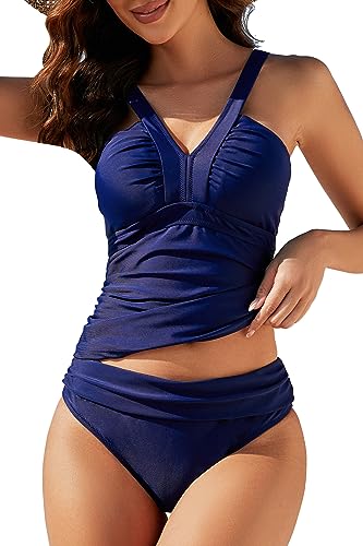 VILOREE Mode damer tankini set tvådelad badmode baddräkt Nechholder magkontroll, Marin (N102), XL