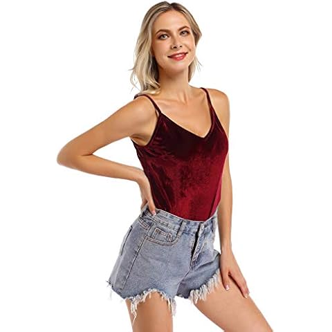 Yesfashion Women's Casual Basic Strappy Velvet V Neck Cami Tank Top Burgundy M Cover