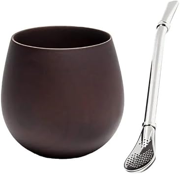 Wood Mate Tea Set Tea Cup with Bombilla Straw and Cleaning Brush 200ml Size Deep wood grain