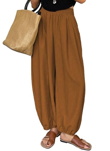 Astylish Womens Summer Boho Lounge Palazzo Pants Casual Elastic Waisted Baggy Wide Leg Y2K Barrel Pants Mustard Large
