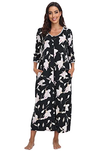 Damen-Bademantel mit Reißverschluss vorne, 3/4-Ärmel, Hausmantel, lange Nachthemden, lässig, lockere Loungewear mit Taschen, Schwarze Magnolie, XX-Large Damen-Bademantel mit Reißverschluss vorne, 3/4-Ärmel, Hausmantel, lange Nachthemden, lässig, lockere Loungewear mit Taschen, Schwarze Magnolie, XX-Large