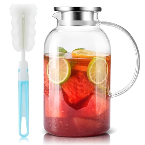 SUSTEAS 2.5 Liter 75oz Glaskaraffe mit Deckel Leicht zu Reinigende Hitzebeständige Wasserkaraffe mit Griff für Heiße/Kalte Getränke - Wasser Cold Brew Eistee & Saft Mit Bürste