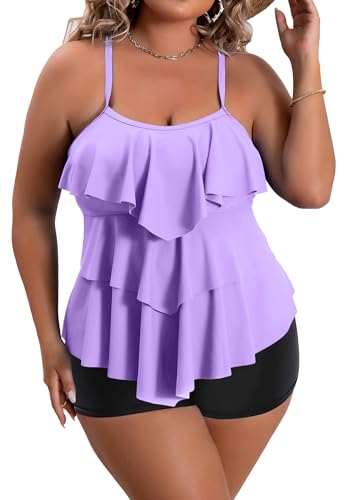 B2prity Women Plus Size Tankini Swimsuits Tummy Control Two Piece Bathing Suit Ruffled Flounce Swimwear with Shorts Light Purple