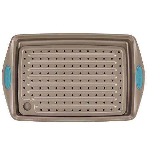 Rachael-Ray-Cucina-Nonstick-Bakeware-Set-with-Grips-Nonstick-Cookie-Sheet-Baking-Sheet-and-Crisper-Pan-2-Piece-Latte-Brown-with-Agave-Blue-Handle-Grips Rachael Ray Cucina Nonstick Bakeware Set with Grips Nonstick Cookie Sheet Baking Sheet and Crisper Pan 2 Piece Latte Brown with Agave Blue Handle Grips