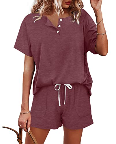Image of WIHOLL Two Piece Outfits for Women Lounge Sets Button Down Top and Shorts Set Sweatsuits with Pockets