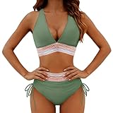 Bikini Damen Set 2026 Neu V Ausschnitt Sexy Badeanzug Bademode Hohe Taille Farbblock Zweiteiliger Kordelzug Badeanzüge Bikinis Swimsuit (DE/NL/SE/PL, Alphanumerisch, L, Regular, Regular, Grün)