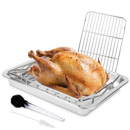 Image of Stainless Steel Turkey Baking Roaster Pan Roasting Pan with V Rack, for Smoking and Grilling Chicken, Bird, and Pork Cooking Rack with 15.5*11.6*2 inch Roasting Pan for Smokers, Grill and Oven