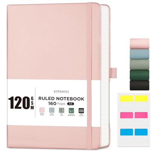 EMSHOI A5 Notebook Lined Journal - 120gsm Thick Paper, Hardcover Leather Notebook for Women Men College Ruled with 160 Pages, Journal Stencils, Inner Pocket, 21 x 14.5 cm - Rose Gold