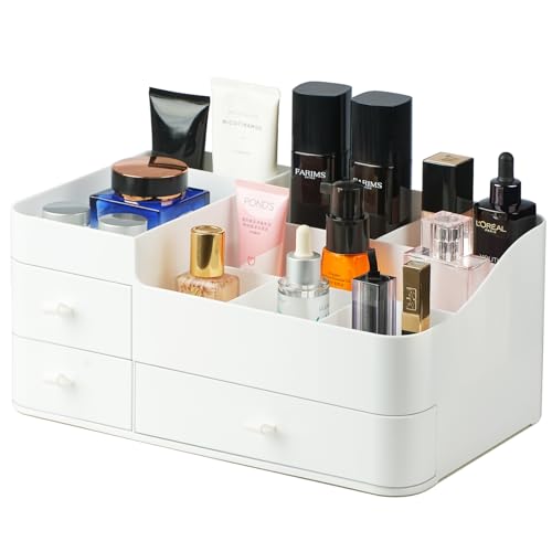 KIMCHOMERSE Countertop Cosmetic Storage Organizer, Dresser Organizer with 3 Drawers, Bathroom Vanity Organizer for Cosmetics, Toiletries, Skin Care, Jewelry, Stationery Pens - White