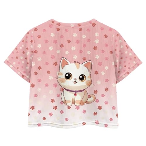 Image of Cat Print Girls Cotton T Shirts Size 7-8 Cute Crop Tops for Toddler Loose Short Sleeve Shirts for Girls Graphic Tees for School Thicken Summer Clothes for Kids Gift for Her, X-Small