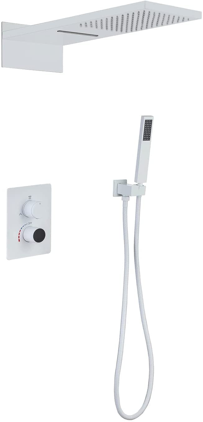 Aycdl Matt White Shower System Digital Display Shower Faucet Set Concealed Shower Mixer Taps Set With Brass Hand Shower And Waterfall Rainfall Shower Head,