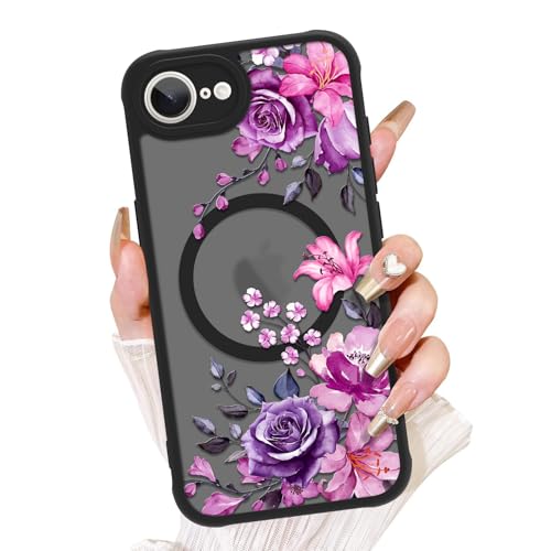 Coque iPhone 16e fleur de lys compatible MagSafe en TPU souple et PC givré semi-transparent violet