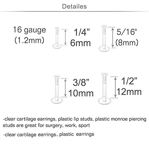 MODRSA Clear Earrings Plastic Earrings for Sports 16g Clear Cartilage Earrings Stud Plastic Helix Tragus Earring Medusa Monroe Piercing Retainer Clear Lip Rings Labret Retainers for Work Surgery2