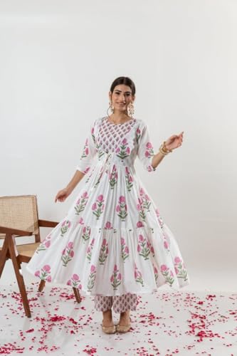 Floral Print Cotton Kurti Dress Set with Dupatta, Long Length, White and Pink3