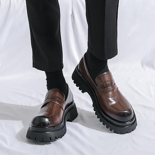 Men's Leather Platform Slip-On Loafers Round Top Chunky Heel Lug Sole Penny Dress Shoes Low Top Non-Slip Comfortable Work Business Shoes3