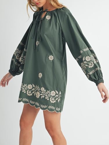 Image of Joiemont Womens Embroidered Long Sleeve Mini Dress Loose Fit Vintage Embroidery Dress with Double Neckline Self Tie