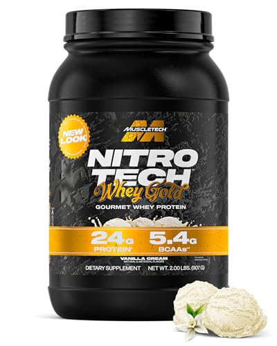 MuscleTech Whey Protein Powder (Vanilla Cream 2LB) - Nitro-Tech Whey Protein Isolate Smoothie Mix for Lean Muscle & Recovery - 24g of Whey Gold for Women & Men - Packaging May Vary