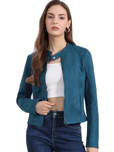 Veste en faux suède femme col montant zippé Allegra K