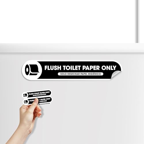 Flush Toilet Paper Only Sign | Small 1x5 Inch Black Glossy Sticker for Bathroom Decor | Restroom Signs | Airbnb Essentials for Hosts & Guests | Durable and Scratchproof Signage for Businesses