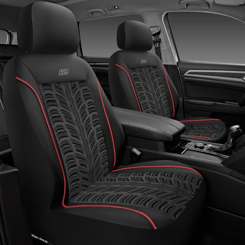 Skechers Slip-Ins Seat Covers, Memory Foam 3D Tyre Embossed Leather Car Seat Covers Front Seats Airbag Compatible, Universal Automotive Comfort for Most Cars, Vans, Trucks, SUV,Red
