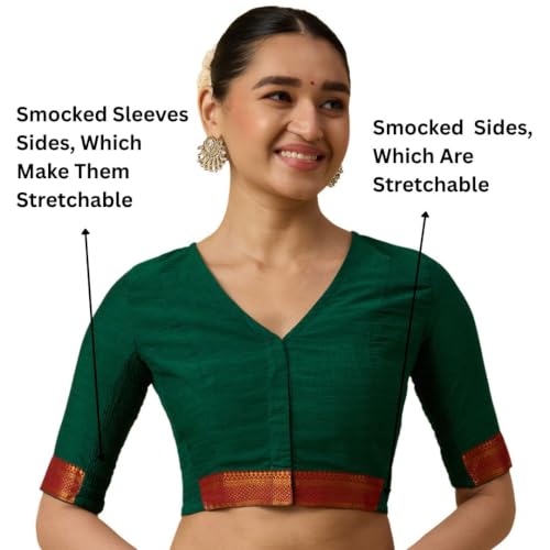 Image of Studio Shringaar Women's Handloom Cotton Stretchable (Smocked) Saree Blouse with Temple Zari Border