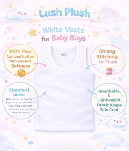 Image of Baby Boys Relaxed Fit White Cotton Vest | Lightweight, Breathable | Ganji | Banian | Baniyan | Kids Sando for Infant Newborn Toddler