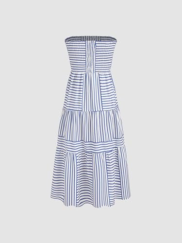 CIDER Womens Casual Dresses Strapless Tube Stripped Shirred A Line Blue Beach Vacation Midi Dress Maxi Skirts4