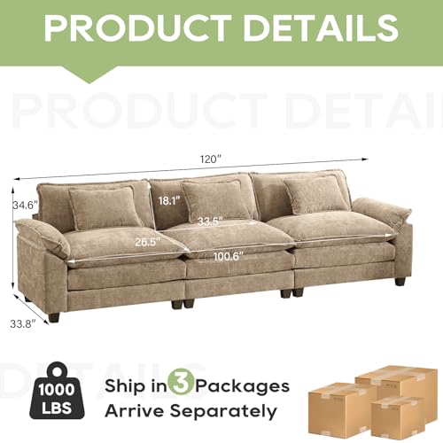 Image of Oprisen 120 inch Modular Sectional Sofa, Comfy Cloud Couch Sectional, Chenille Sofa Sleeper Deep Seat Sofa with Throw Pillows for Living Room (Khaki, 120 inch- 3 Seater)