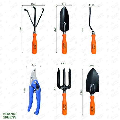Image of Anandi Green's Metal Agriculture Gardening Tools Kit - 8 Pcs (Cultivator, Fork, Big and Small Trowels, Weeder, Gloves, Pruner Cutter with Tools Bag) Tools Set for Home Indoor and Outdoor Gardening
